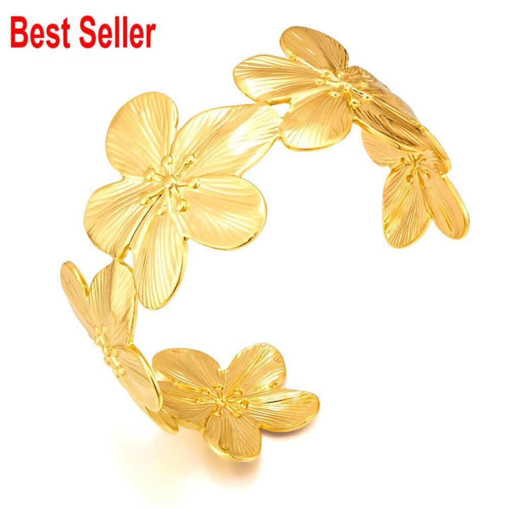 Vintage Flower Hollow Bangle Adjustable Open Cuff Bracelet Brass